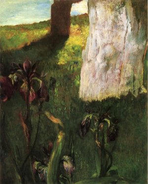 Flowers, Blue Iris, with Trunk of Dead Apple-Tree