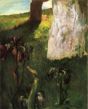 Flowers, Blue Iris, with Trunk of Dead Apple-Tree by John La Farge - Oil Painting Reproduction