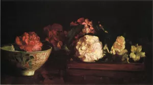 Flowers in a Japanese Tray on Mahogany Table by John La Farge Oil Painting