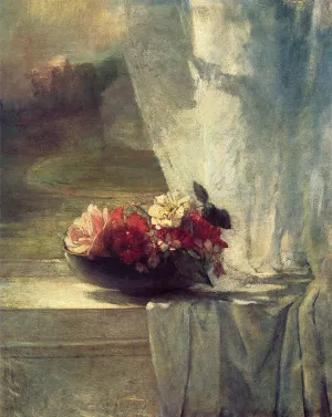 Flowers in a Persian Porcelain Water Bowl also known as Flowers on a Windowsill by John La Farge - Oil Painting Reproduction