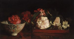 Flowers On A Japanese Tray On A Mahogany Table by John La Farge Oil Painting