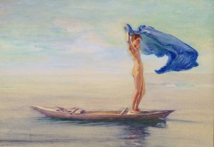 Girl in Bow of Canoe Spreading Out Her Loin-Cloth for a Sail, Samoa by John La Farge Oil Painting