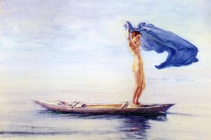 Girl in Bow of Canoe Spreading Out Her Loin-Cloth for a Sail