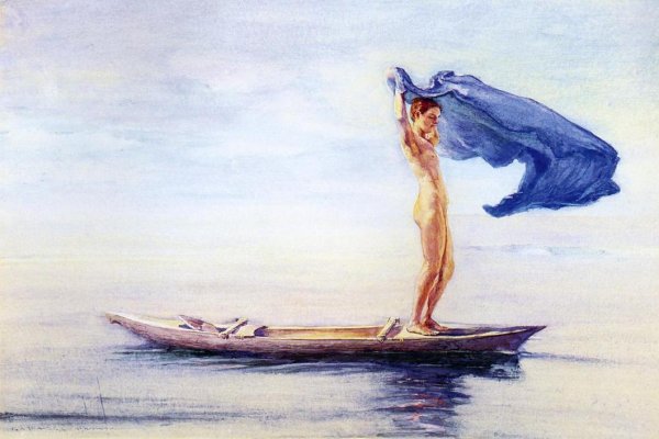 Main Product Photo of Girl in Bow of Canoe Spreading Out Her Loin-Cloth for a Sail Painting by John La Farge