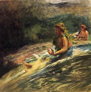 Girl Sliding down Water Fall, Banna Leaf Around Her Body by John La Farge Oil Painting
