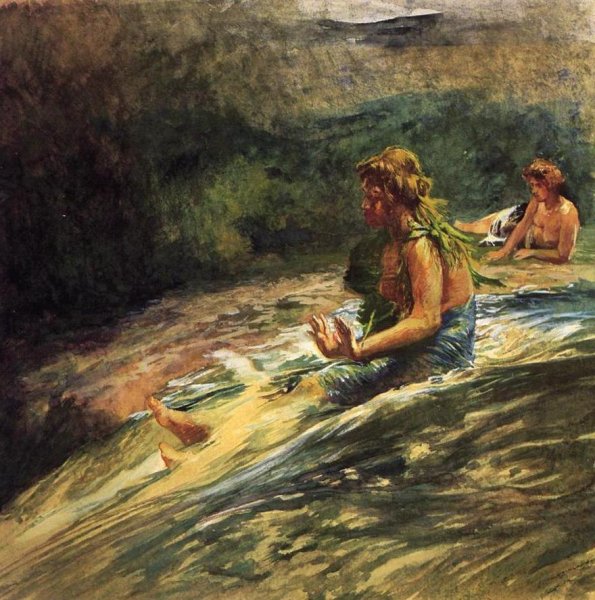 Main Product Photo of Girl Sliding down Water Fall, Banna Leaf Around Her Body Painting by John La Farge