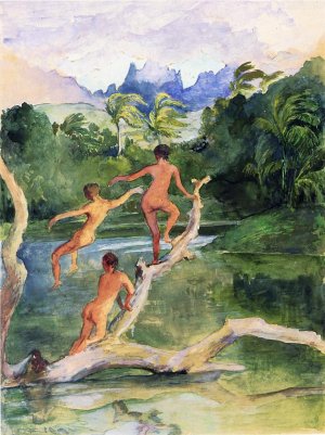 Girls Bathing on the Shore near Papeete in an Outlet of the River Fautaua. The Diadem or Crown Mountain in Distance Northwest Wind Blowing - Later Afternoon February Oil painting by John La Farge