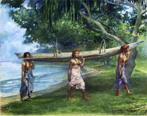 Girls Carrying a Canoe, Vaiala in Samoa. 1891. Portraits of Otaota, Daughter of the Preacher and Our Next Neighbor Saikumu. The First Girl is Faaifi Oil painting by John La Farge