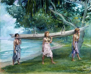 Girls Carrying a Canoe, Vaiala in Samoa by John La Farge - Oil Painting Reproduction