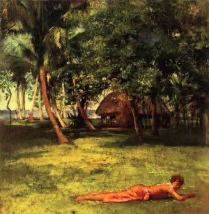 In Front of Our House, Vaila - Girl on Grass painting by John La Farge