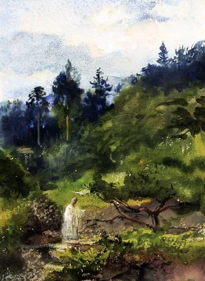 Looking over the Garden Wall and Steps toward the Temple Eclosure of Iyeyasu also known as Priest Comig from the Temple, Nikko, Japan by John La Farge - Oil Painting Reproduction