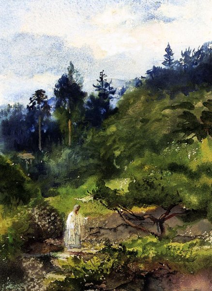 Main Product Photo of Looking over the Garden Wall and Steps toward the Temple Eclosure of Iyeyasu also known as Priest Comig from the Temple, Nikko, Japan Painting by John La Farge