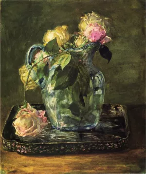 Roses in Blue Crackle Glass Pitcher by John La Farge - Oil Painting Reproduction
