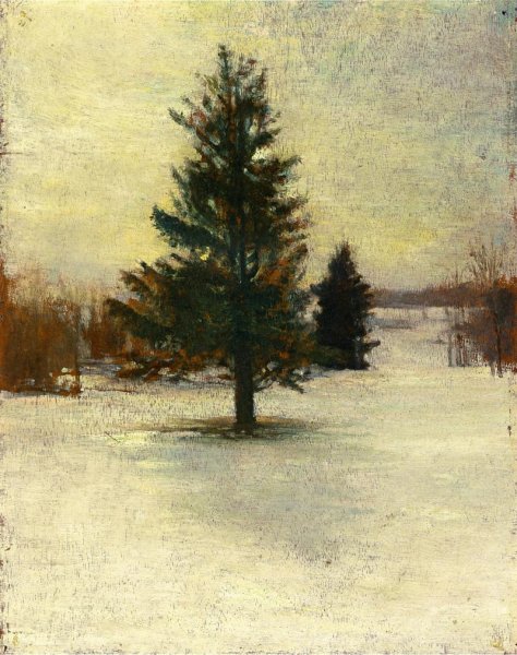 Snow, Sketch: Hillside with Cedars, Evening by John La Farge - Hand-Painted Oil Painting Reproduction