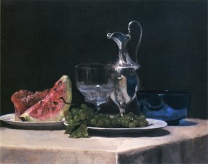 Still Life, Study of Silver, Glass and Fruit by John La Farge Oil Painting