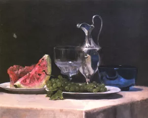 Still Life Study of Silver, Glass and Fruit by John La Farge Oil Painting
