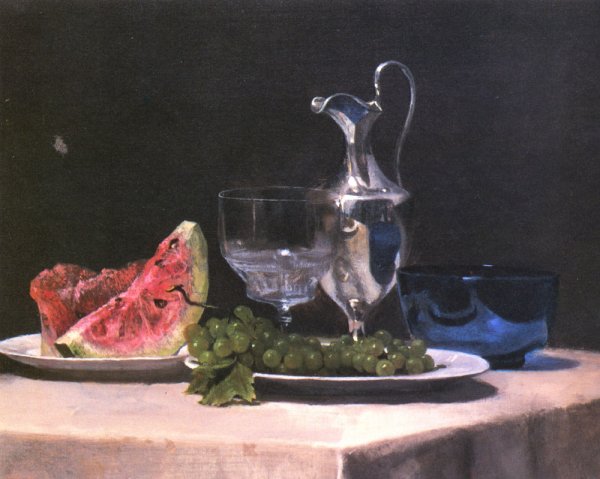 Still Life Study of Silver, Glass and Fruit by John La Farge - Hand-Painted Oil Painting Reproduction
