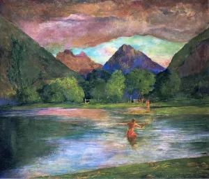 The Entrance to Tautira River, Tahiti. Fisherman Spearing a Fish by John La Farge Oil Painting
