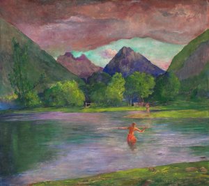 The Entrance to the Tautira River,Tahiti. Fisherman Spearing a Fish by John La Farge Oil Painting