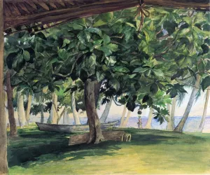 View from Hut at Vaiala in Upolu Bread Fruit Tree War Drums and Canoe by John La Farge Oil Painting