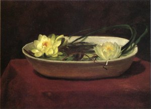 Water-Lilies in a White Bowl - with Red Table Cover