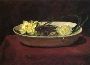 Water-Lilies in a White Bowl - with Red Table Cover by John La Farge Oil Painting