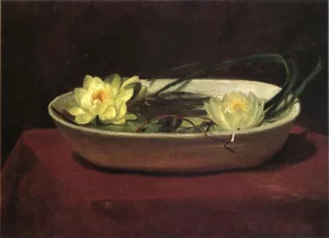Water-Lilies in a White Bowl - with Red Table Cover by John La Farge - Oil Painting Reproduction