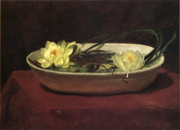 Main Product Photo of Water-Lilies in a White Bowl - with Red Table Cover Painting by John La Farge