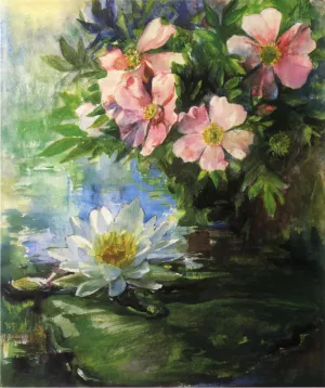 Wild Roses and Water Lily - Study of Sunlight Oil painting by John La Farge
