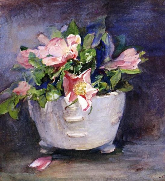 Main Product Photo of Wild Roses in a White Chinese Porcelain Bowl Painting by John La Farge