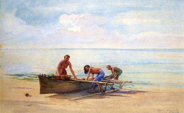 Women Drawing Up a Canoe, Vaiala in Samoa, Otaota, Her Mother and a Neighbor by John La Farge - Hand-Painted Oil Painting Reproduction