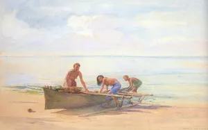 Women Drawing Up a Canoe by John La Farge Oil Painting
