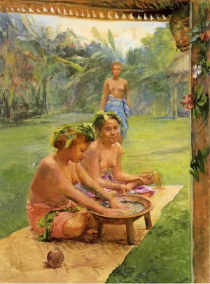 Young Girls Preparing Kava. Outside of the Hut Whose Posts are Decorated with Flowers; the Attendant, Standing in the Background is there to Hand the Cocoanut Cup When Filled by John La Farge Oil Painting