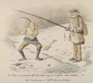 The Pike is a voracious fish and bites readily in the Winter months-Old Gentleman is VERY fond of fishing by John Leech Oil Painting