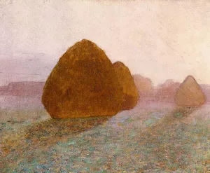 Haystack at Giverny, Normandy: Sun Dispelling Morning Mist Oil painting by John Leslie Breck