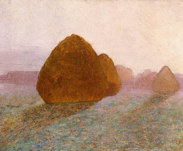 Main Product Photo of Haystack at Giverny, Normandy: Sun Dispelling Morning Mist Painting by John Leslie Breck