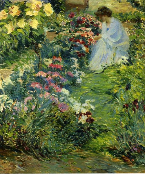 Woman in a Garden by John Leslie Breck - Hand-Painted Oil Painting Reproduction