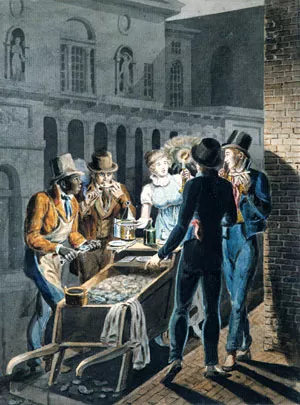 Nightlife in Philadelphia - An Oyster Barrow in front of the Chestnut Street Theater painting by John Lewis Krimmel