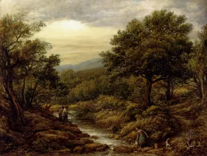 A River Landscape, with Two Boys Fishing and a Girl Fetching Water by John Linnell Oil Painting