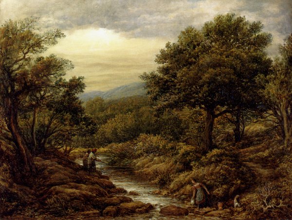 Main Product Photo of A River Landscape, with Two Boys Fishing and a Girl Fetching Water Painting by John Linnell