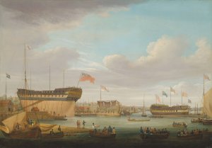 Launching day at the East India Dock, Blackwall on the Thames by John Lynn Oil Painting