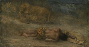 Een leeuwin met haar welpen bij een dode zwarte man, genaamd 'Nemesis' by John Macallan Swan Oil Painting