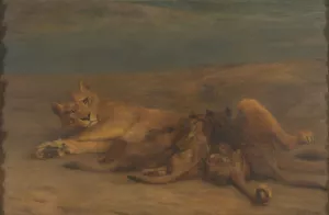 Een leeuwin met vier zogende welpen, genaamd 'Moederliefde' by John Macallan Swan Oil Painting