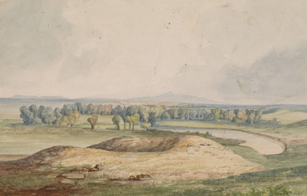 Main Product Photo of Milk River - Bear's Paw Mountain in Distance  Painting by John Mix Stanley