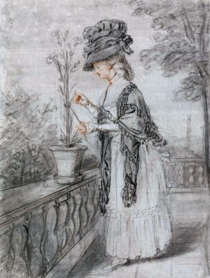 Lady on a Terrace Tending a Carnation Plant by John Raphael Smith Oil Painting