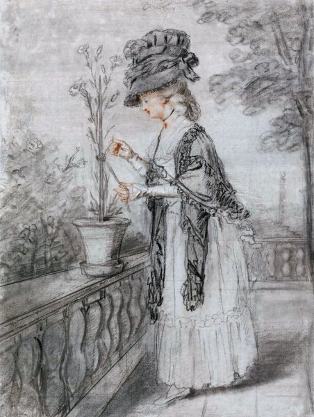 Lady on a Terrace Tending a Carnation Plant by John Raphael Smith - Hand-Painted Oil Painting Reproduction