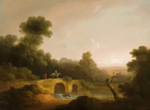 Landscape with Figures Crossing a Bridge by John Rathbone Oil Painting
