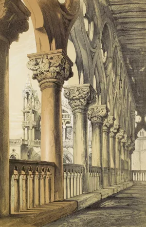 Examples of Architecture of Venice - The Ducal Palace, Renaissance Capitals of the Loggia by John Ruskin Oil Painting