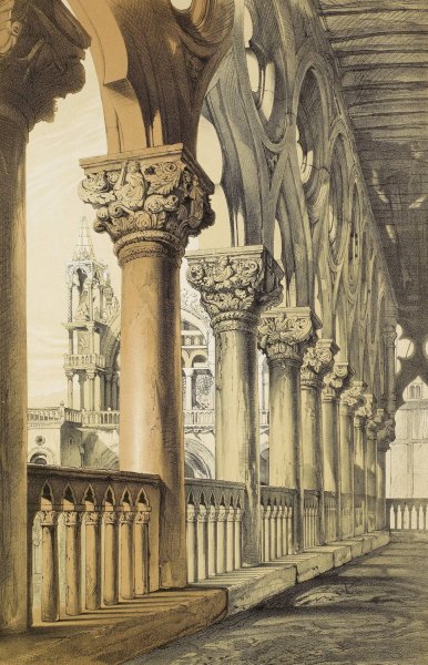 Examples of Architecture of Venice - The Ducal Palace, Renaissance Capitals of the Loggia  by John Ruskin - Hand-Painted Oil Painting Reproduction