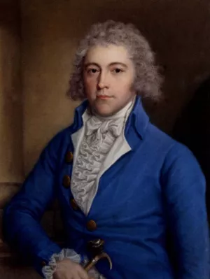 Portrait of a Gentleman Half-Length in a Blue Coat Holding a Cane in His Right Hand painting by John Russell